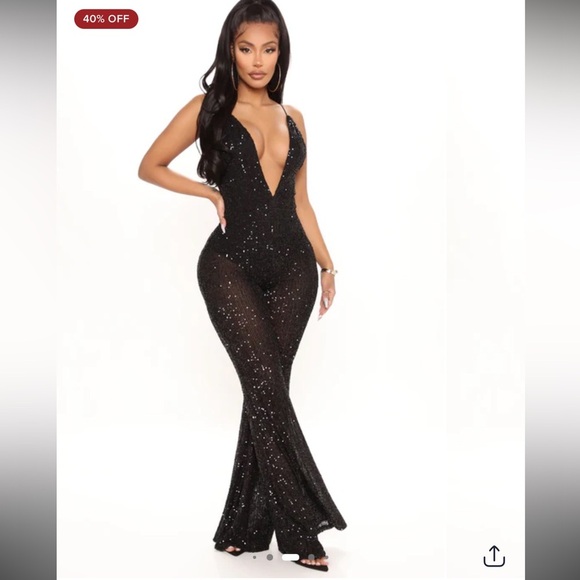 FASHION NOVA Black Reach For The Stars Sequin Jumpsuit - Black L - Picture 1 of 15